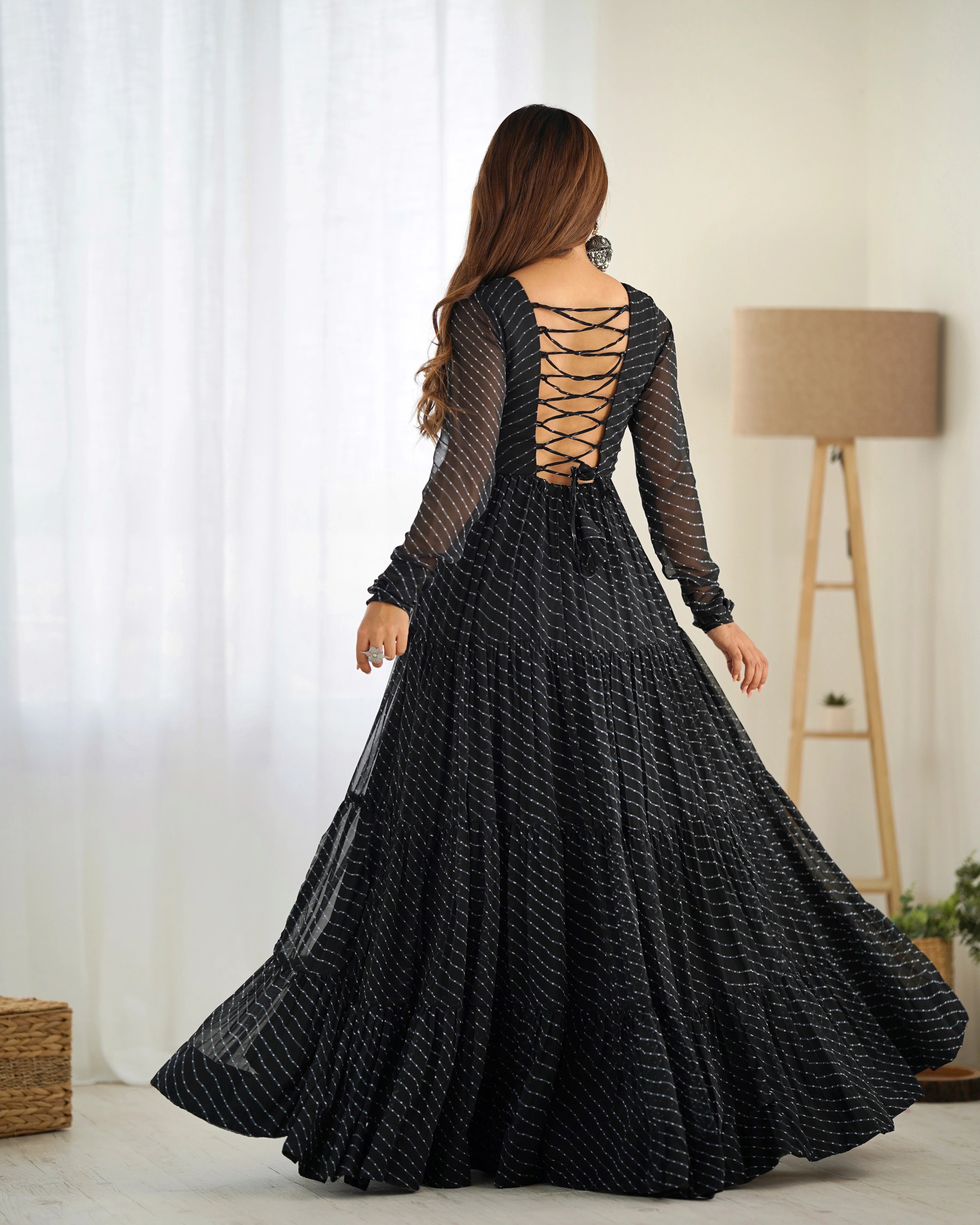 Black Gamthi with Laheriya Print Fox Georgette Gown – Kalyanja
